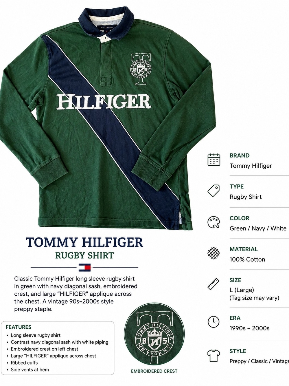 Tommy Hilfiger Green & Navy Rugby Shirt.Medium